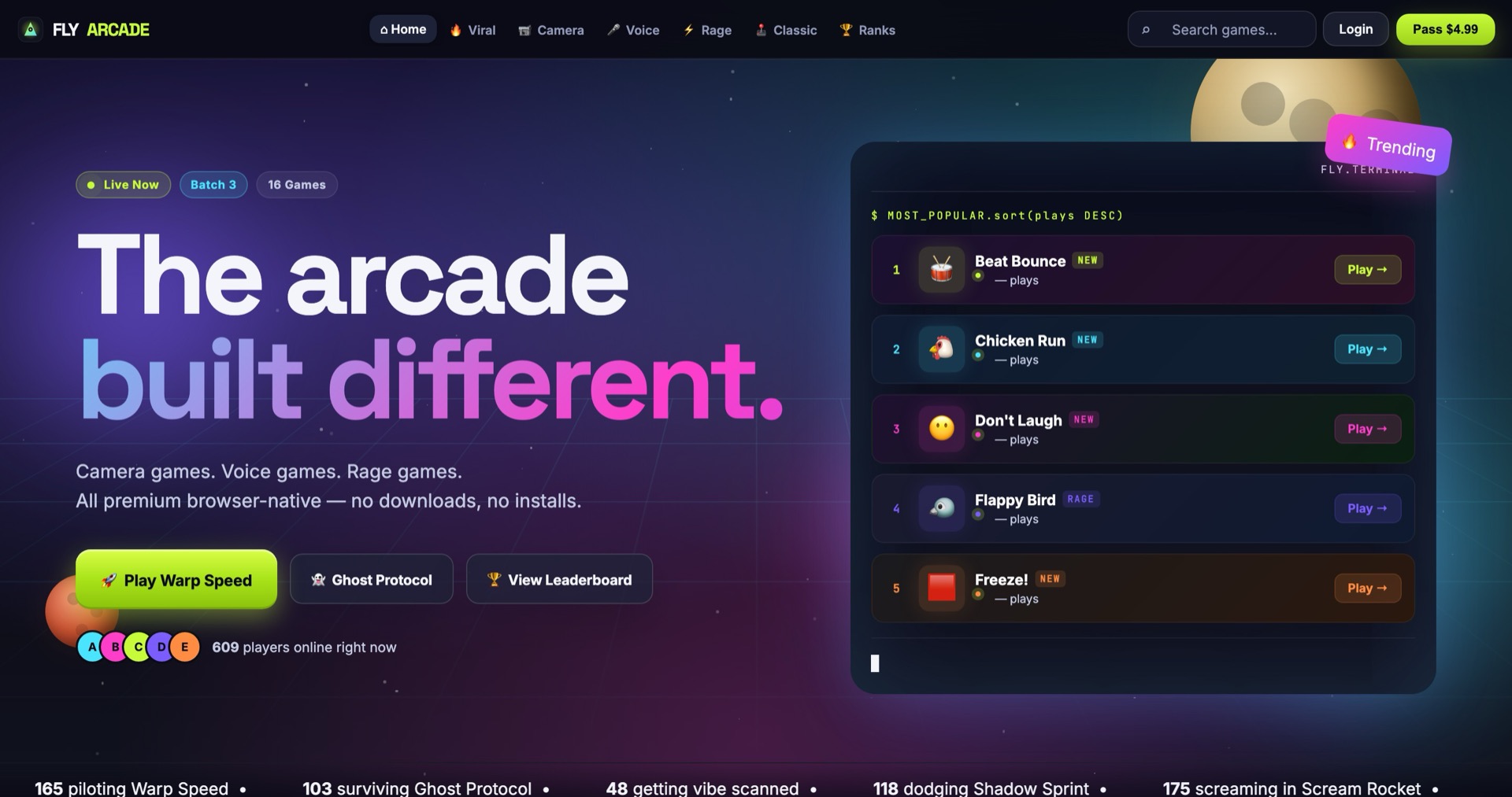 FlyArcade homepage hero with the tagline "The arcade built different" next to a live-updating most-played games leaderboard styled as a terminal.