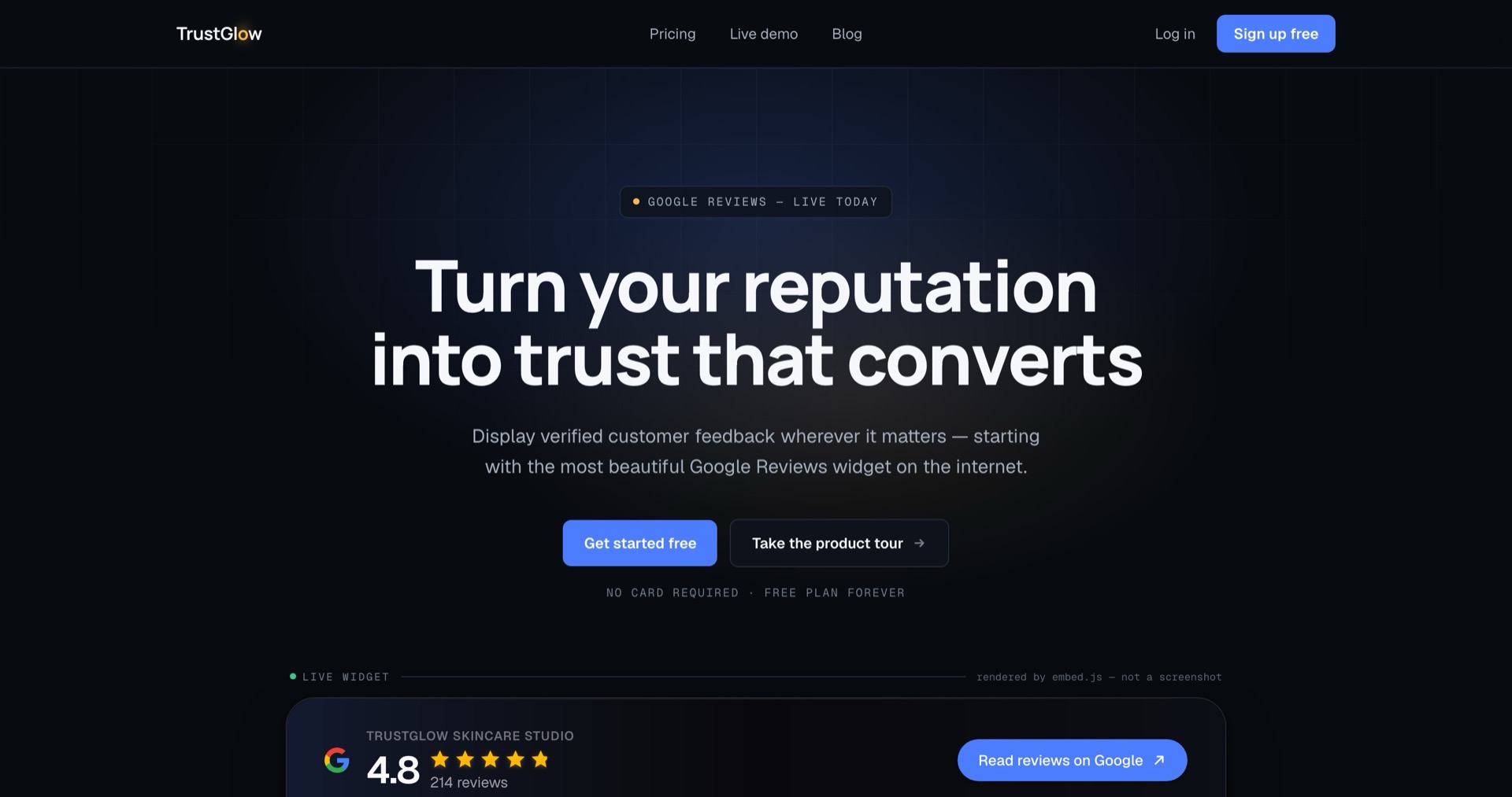 TrustGlow landing page showing the headline "Turn your reputation into trust that converts" above a live Google Reviews widget rendered by the embed script.
